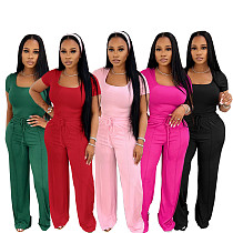 Fashion Solid Color Square Neck Short Seeve Top High Waist Wide Leg Casual Suit SFY-730