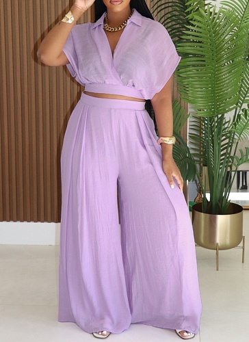 Casual Holiday Style Lapel Short Top High Waist Wide Leg Pants Two Piece Set Wholesale SFY-716