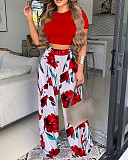Fashion Women Solid Color Vest And Print Long Pants 2 Pieces Sets RS-Q801