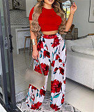 Fashion Women Solid Color Vest And Print Long Pants 2 Pieces Sets RS-Q801