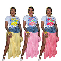 Fashionable hot girl T-shirt and denim patchwork high-waisted slit checkered skirt set SFY-718