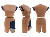 Women's casual denim patchwork short-sleeved top and shorts two-piece set SFY-2808