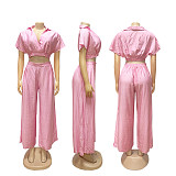 Casual Holiday Style Lapel Short Top High Waist Wide Leg Pants Two Piece Set Wholesale SFY-716