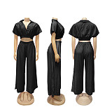 Casual Holiday Style Lapel Short Top High Waist Wide Leg Pants Two Piece Set Wholesale SFY-716