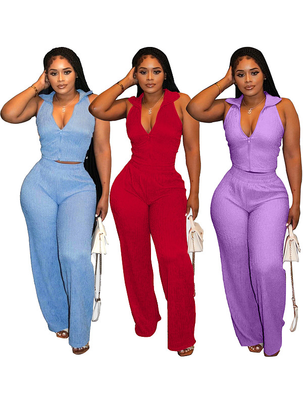 Summer Sleeveless Tops Pleated Loose Trousers Solid Color Two-Piece Suit For Women SFY-2807