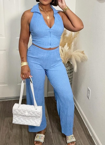 Summer Sleeveless Tops Pleated Loose Trousers Solid Color Two-Piece Suit For Women SFY-2807