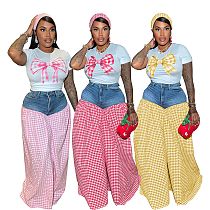 Printed Slim-Fit T-Shirt Plaid Stitching High-Waist Wide-Leg Pants Two-Piece Suit For Women SFY-717