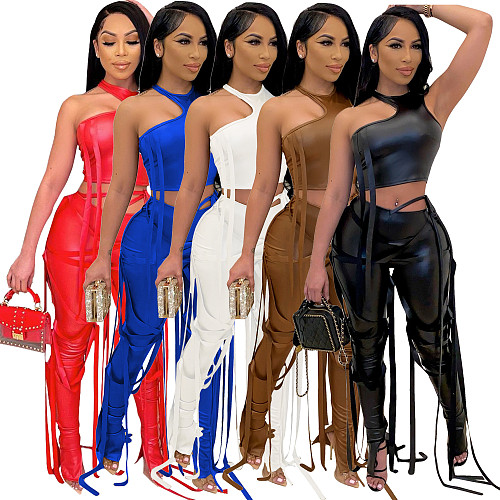 Sexy crop top and bandage pants women pu-leather 2 pieces sets AIL-154