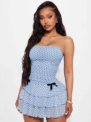 Women's polka dot strapless waist-cinching slimming short cake dress RS-K25L418