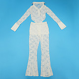 Sexy transparent lace long sleeves bodysuit and long pants 2 pieces sets YF-10835