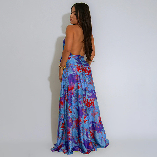 New V-neck halter sexy backless satin printed long dress YF-20163