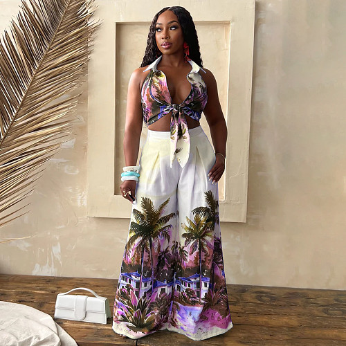 Fashion Women's printed sleeveless shirt collar wide-leg pants set YF-20158