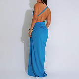 Women's solid color diagonal neck sexy strapless slit dress YF-20195