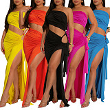 Women's solid color diagonal neck sexy strapless slit dress YF-20195