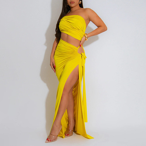 Women's solid color diagonal neck sexy strapless slit dress YF-20195
