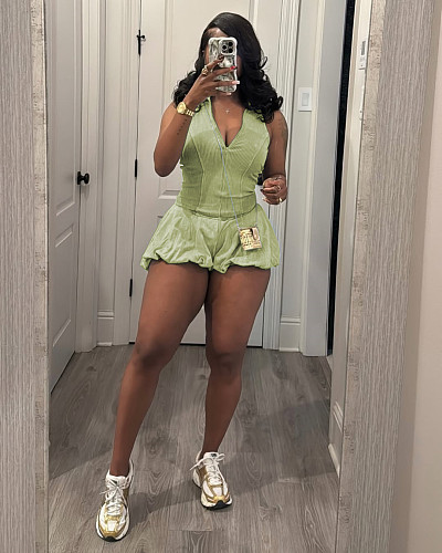 New Women'S Casual Washed Sleeveless Bubble Jumpsuit Shorts TR-1330