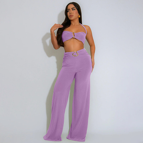 Women sexy halter strapless decorative buckle crop top with long pants 2 pieces sets YF-20181