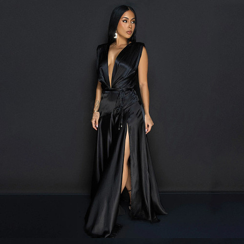 Women's sexy deep V-neck sleeveless high slit long dress black YF-20114