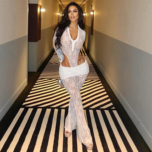 Sexy transparent lace long sleeves bodysuit and long pants 2 pieces sets YF-10835
