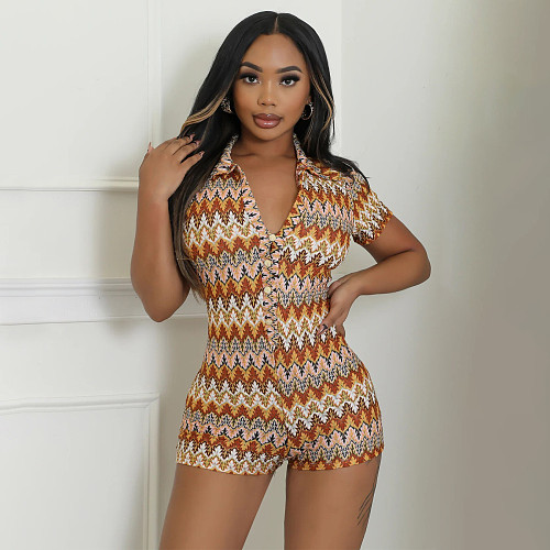 Fashion Women'S Wavy Striped V-Neck Short-Sleeved Jumpsuit Wholesale YF-20169