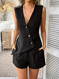 Casual solid color button cardigan vest and shorts set LDG-D2529018
