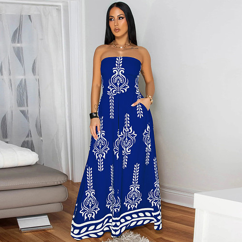 Sexy strapless women print high-waist loose long jumpsuit YF-20150