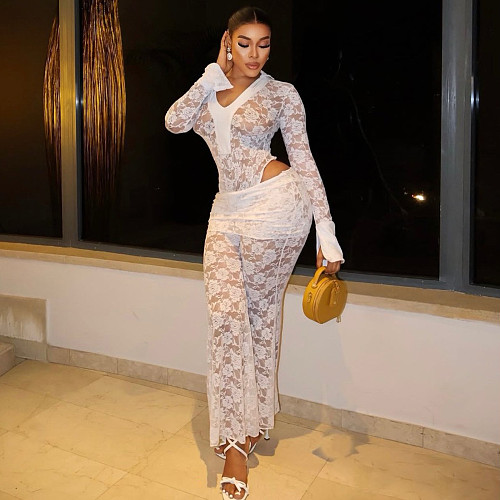 Sexy transparent lace long sleeves bodysuit and long pants 2 pieces sets YF-10835