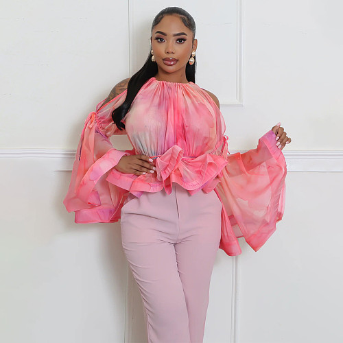 Sexy women's off-the-shoulder mesh printed flared sleeve top YF-20214