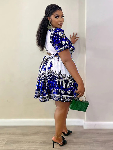Fashin prints women v-neck short sleeves lace-up plus size skirt sets NNWY-8112