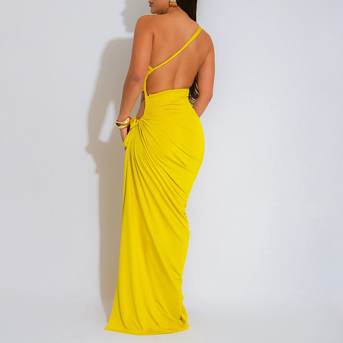 Women's solid color diagonal neck sexy strapless slit dress YF-20195