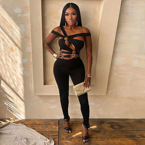 New women sleeveless sexy cut-out irregular jumpsuit black YF-20125