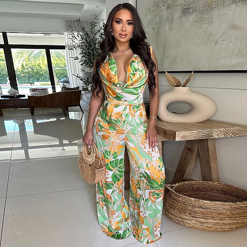 Fashion women's sleeveless lace-up wide-leg printed jumpsuit YF-20151
