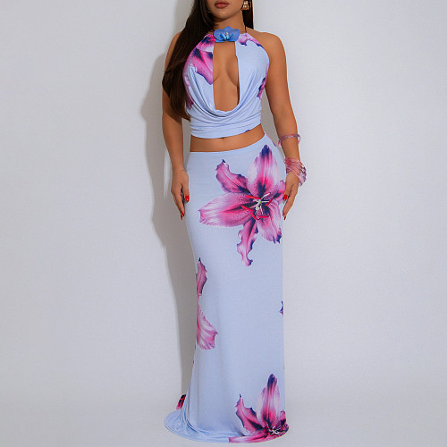 Women sexy backless halter printed crop top and long skirts sets YF-20210