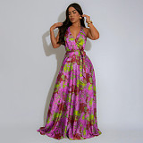 New V-neck halter sexy backless satin printed long dress YF-20163