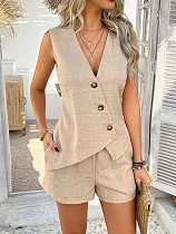 Casual solid color button cardigan vest and shorts set LDG-D2529018