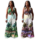Fashion Women's printed sleeveless shirt collar wide-leg pants set YF-20158
