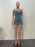 Casual Washed Denim Blue Diamond Embellished Straps Bustier Dress OD-8745