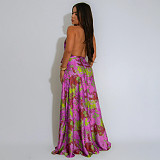 New V-neck halter sexy backless satin printed long dress YF-20163