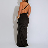 Women's solid color diagonal neck sexy strapless slit dress YF-20195