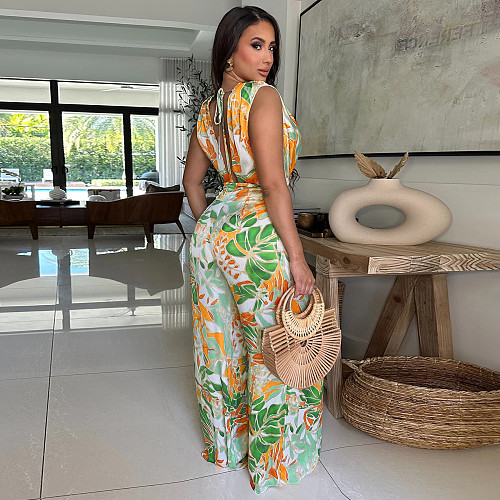 Fashion women's sleeveless lace-up wide-leg printed jumpsuit YF-20151
