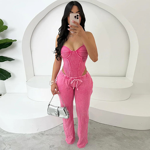 Sexy straps crop top and long pants women solid color 2 pieces sets YF-10827