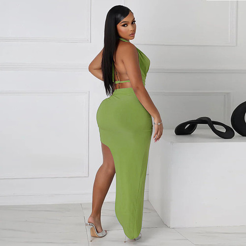 Sexy Solid Color Sleeveless Backless Top High Slit Skirt Two Piece Set Wholesale YF-20176