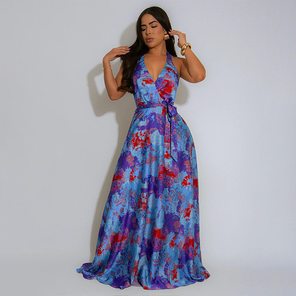 New V-neck halter sexy backless satin printed long dress YF-20163