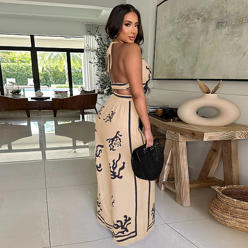 Women's Printed V-neck Sexy Halter Wide-leg Trouser Suit YF-20155