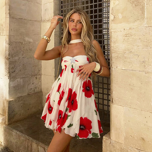 Women's sexy halter-neck backless irregular short dress SXE-K25D72482