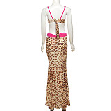 Sexy color-blocking printed strappy top high-waisted skirt three-piece set SXE-K24S62098