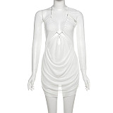 Sexy solid color hollowed-out single-shoulder V-neck short dress for women SXE-K25D71545