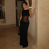 Sexy backless solid color lace patchkwork slim long party dress SXE-K24D61855