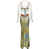 Sexy color-blocking printed strappy top high-waisted skirt three-piece set SXE-K24S62098