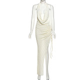 Sexy halter-neck backless high-waisted slit long dress SXE-K25D73649